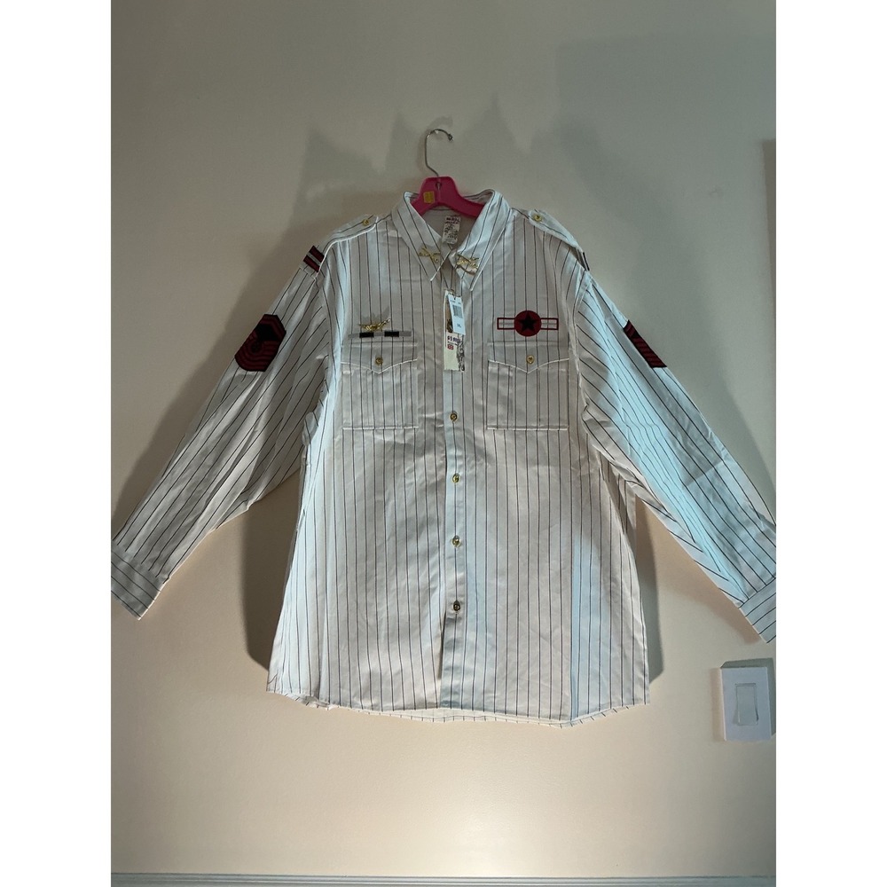 Men's White Pinstripe Casual Button-Down Shirt with Patches